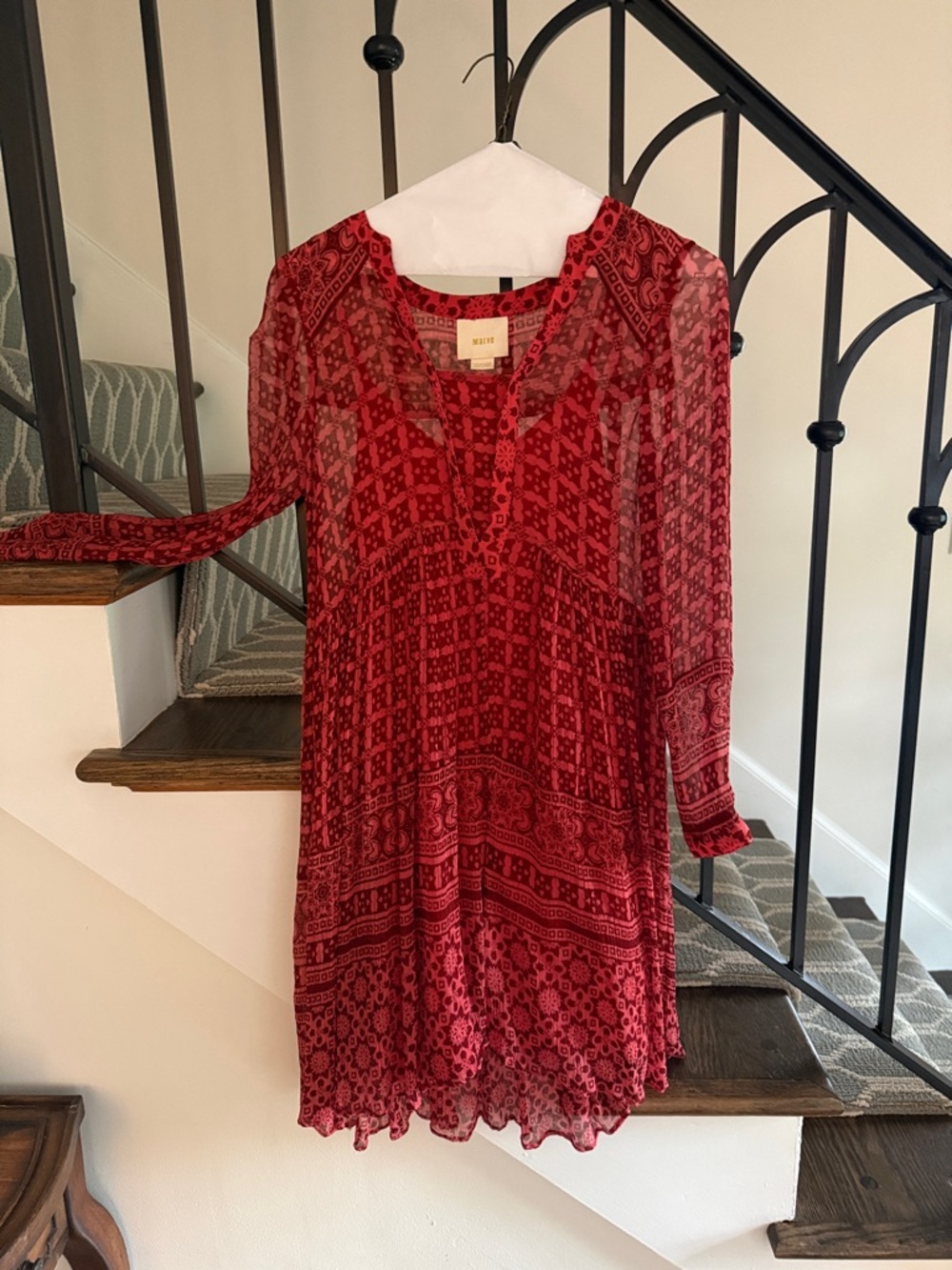 Maeve Red Printed Long-Sleeve babydoll or empire waist Dress